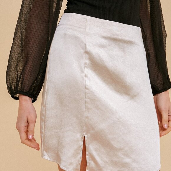 HEM & THREAD Champagne Satin Mini Skirt | Side Slit Luxe Finish - Picture 6 of 6